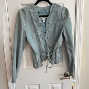 Suede Cropped Jacket w/ Floral Cutouts Light Blue Size Medium NWT